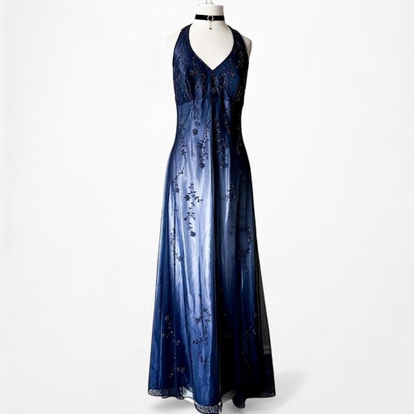 Vintage Blue Gradient Satin Mesh Floral Beaded Babydoll Style Prom Dress Size M - Picture 4 of 8